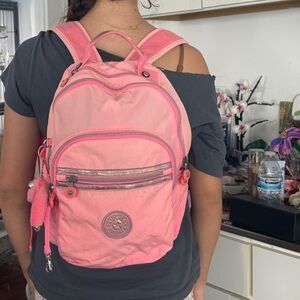 Kipling Pink Backpack with Multiple Compartments and Mini monkey